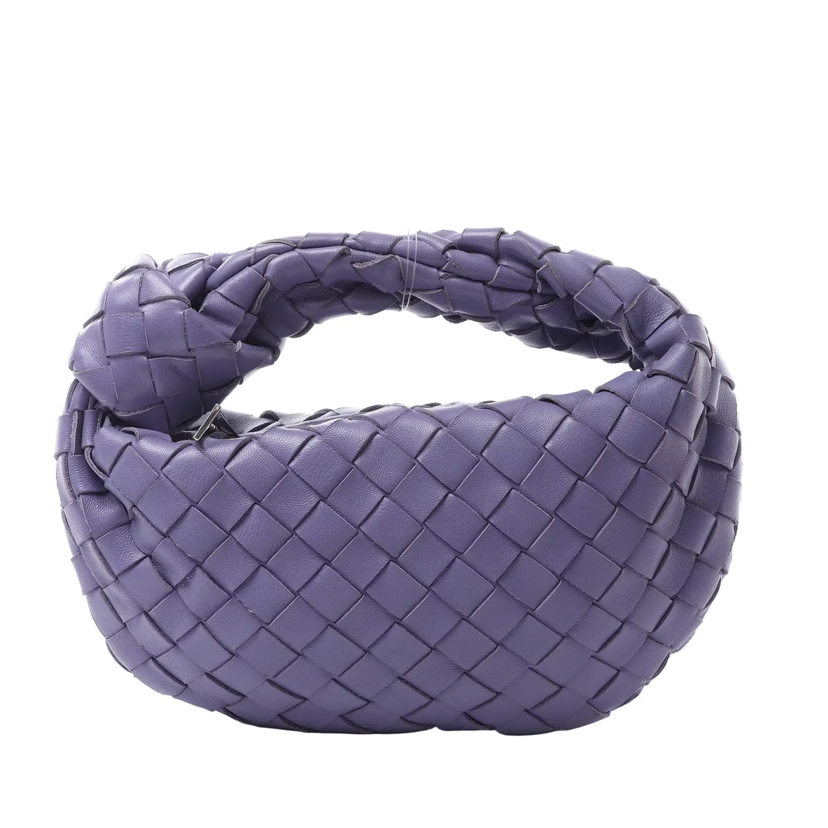 Bottega Veneta Jodie Mini handbag in purple woven Intrecciato leather with a knotted top handle and soft rounded shape.