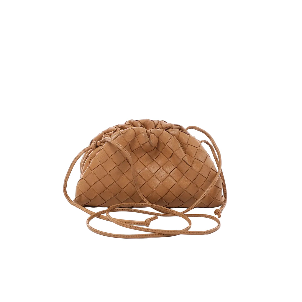 Brown intrecciato woven leather mini pouch bag with gathered drawstring top and slim crossbody strap on white background.