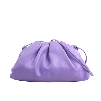 Bottega Veneta Mini The Pouch crossbody bag in purple calfskin leather with a soft gathered silhouette and matching leather strap.