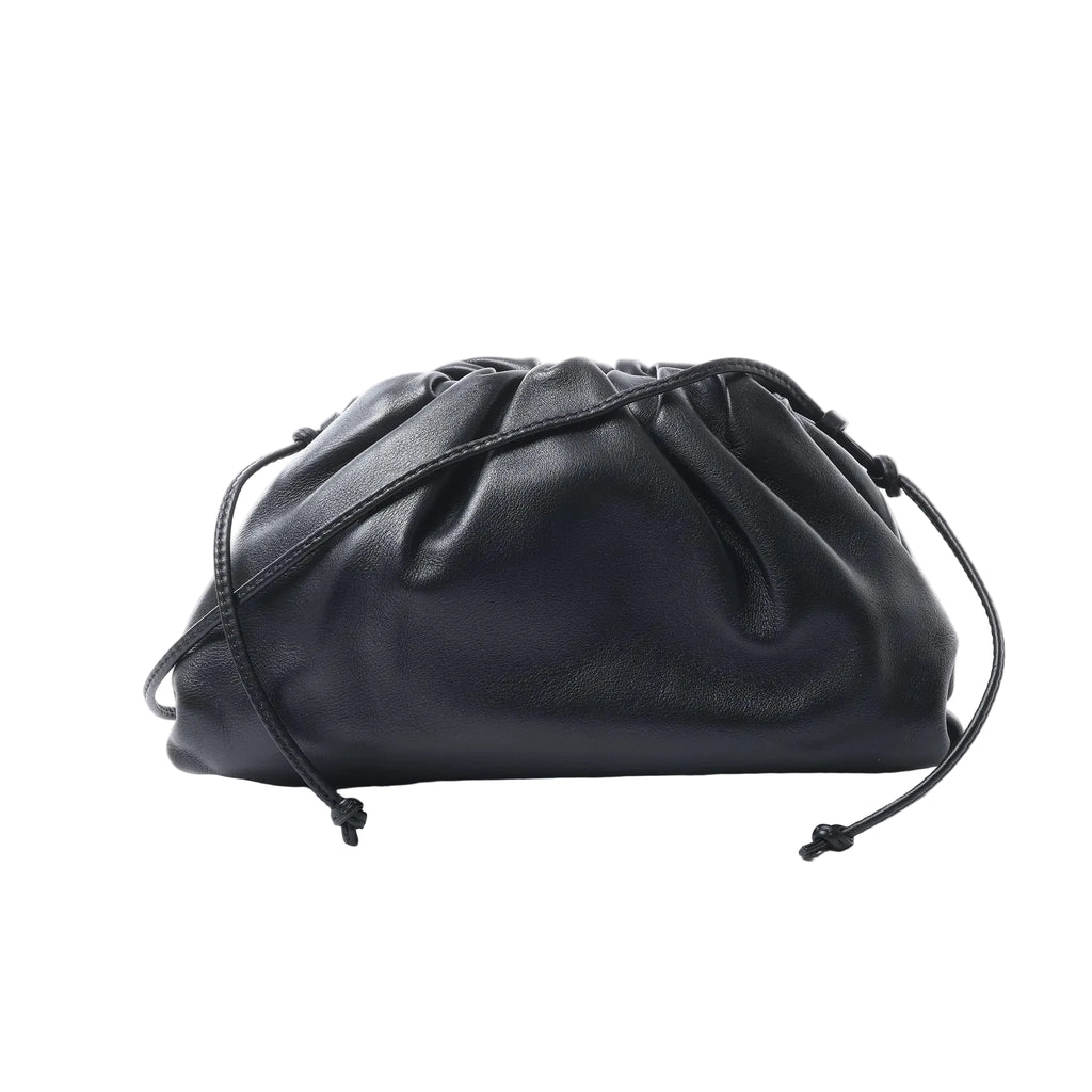 Bottega Veneta The Pouch Mini black leather crossbody bag with a softly gathered top and slim knotted shoulder strap.