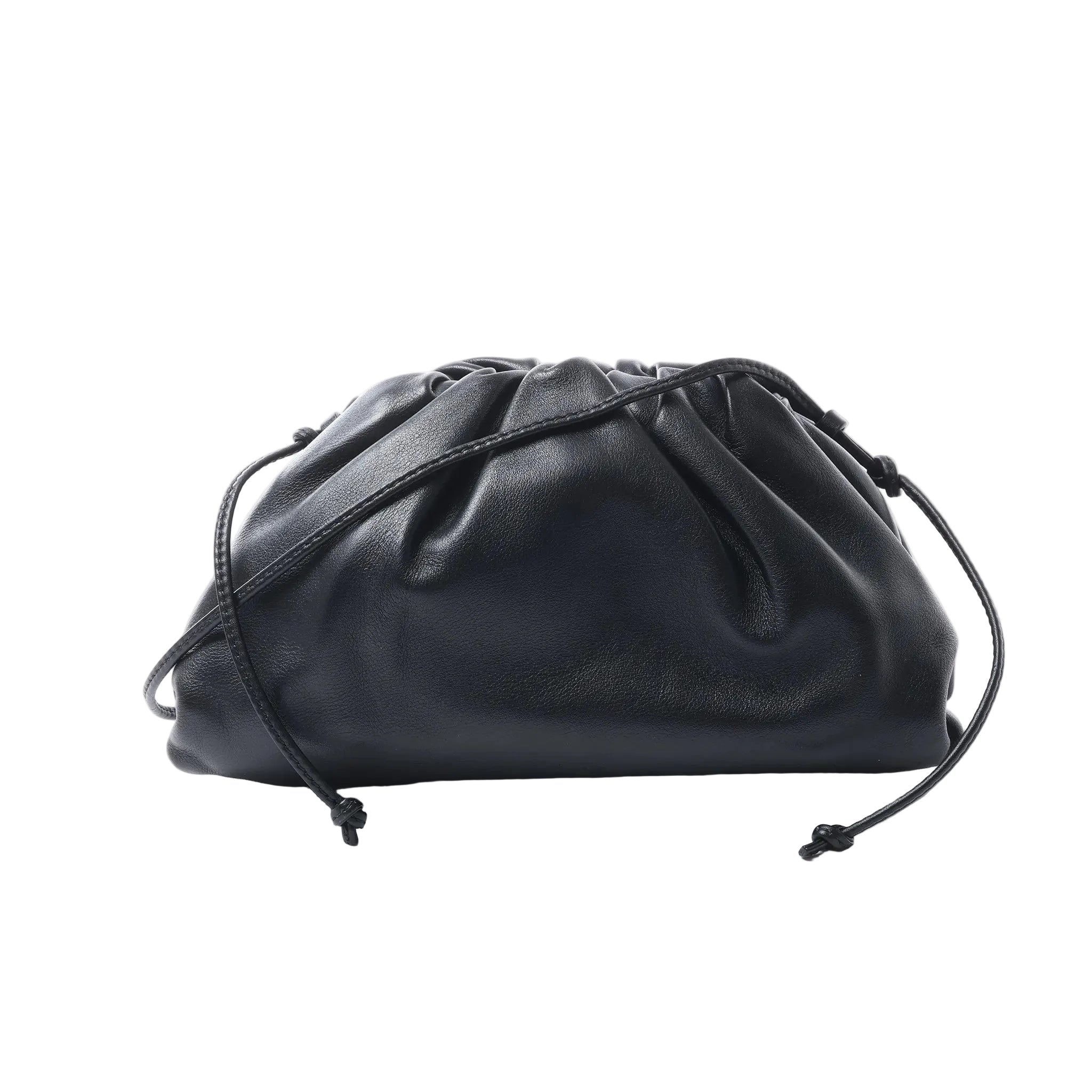 Bottega Veneta The Pouch Mini black leather crossbody bag with a softly gathered top and slim knotted shoulder strap.