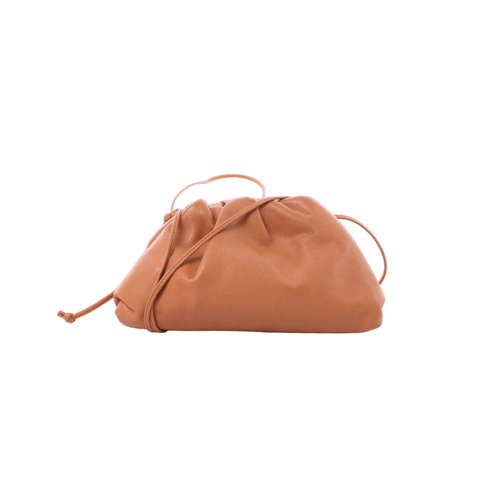 Bottega Veneta Mini The Pouch brown leather crossbody bag with gathered ruched top and thin strap on white background