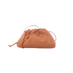 Bottega Veneta Mini The Pouch brown leather crossbody bag with gathered ruched top and thin strap on white background