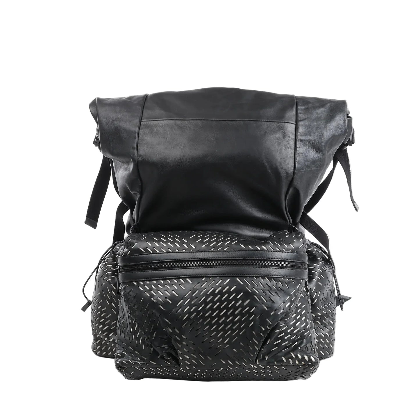 Bottega Veneta black leather backpack with perforated pattern on the front and side pockets, large flap closure, top zipper compartment, and adjustable shoulder straps against a white background.