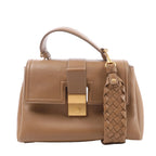 Bottega Veneta Piazza Small handbag in brown leather with a top handle, structured flap, gold-tone clasp and woven leather strap.