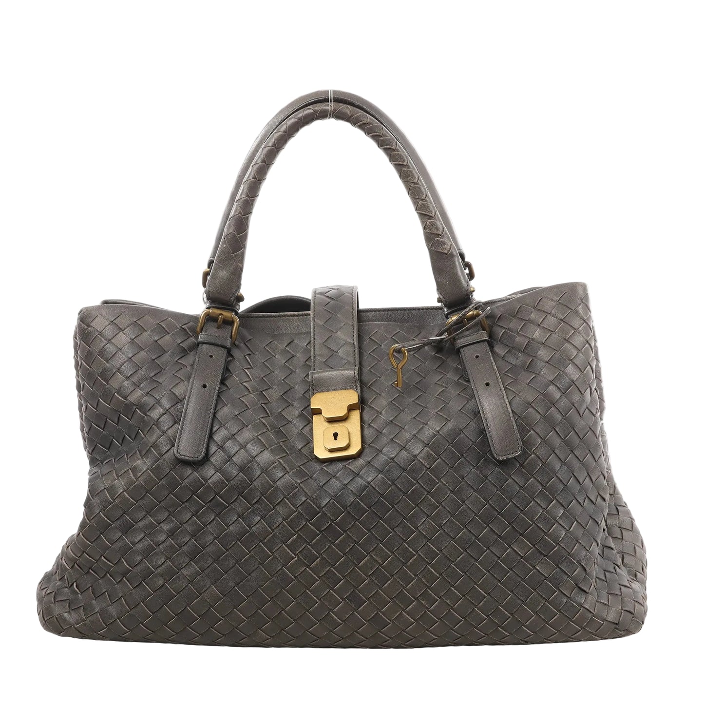 Bottega Veneta Intrecciato Roma handbag in gray woven leather with double top handles, front strap with gold-tone lock, and key charm detail.