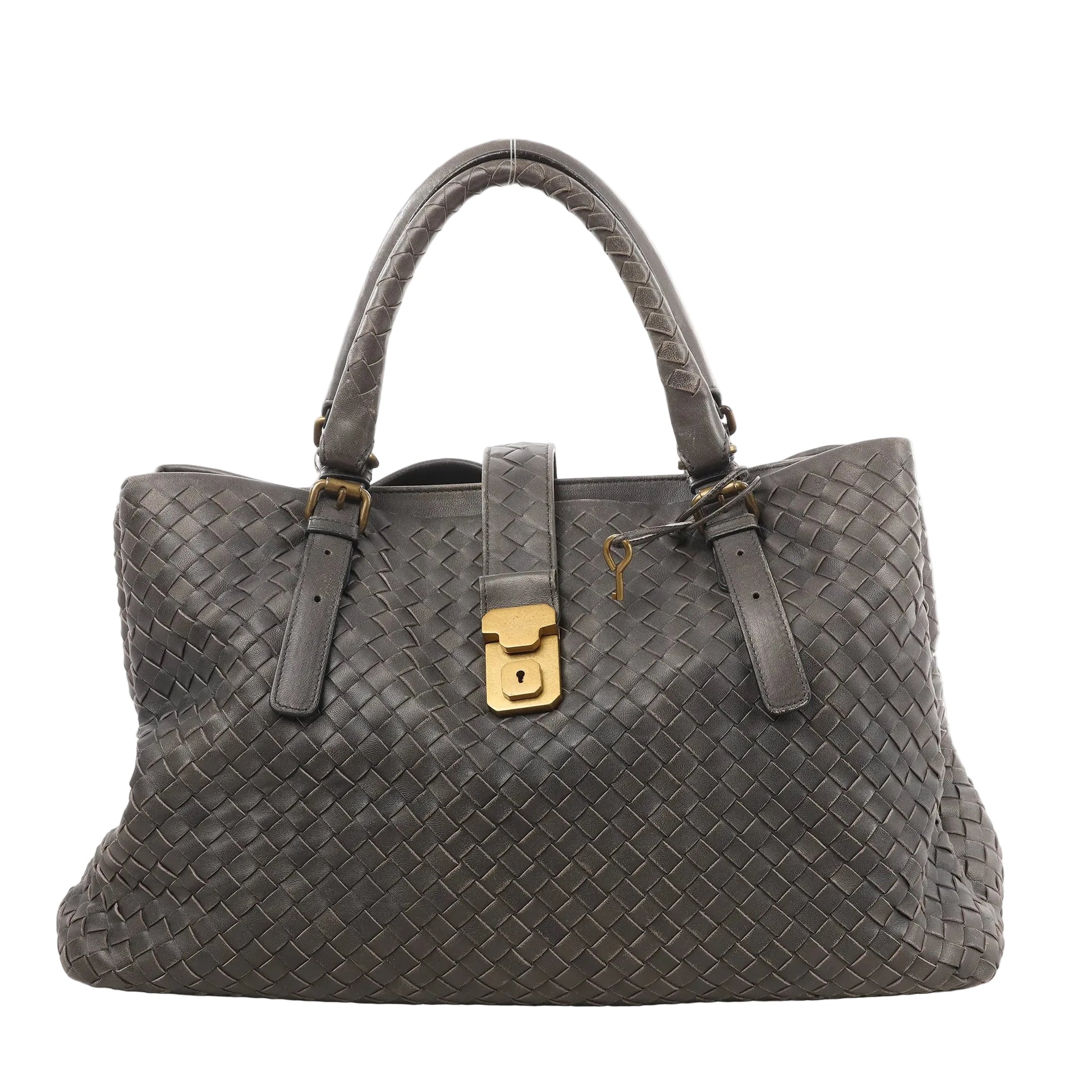 Bottega Veneta Intrecciato Roma handbag in gray woven leather with double top handles, front strap with gold-tone lock, and key charm detail.