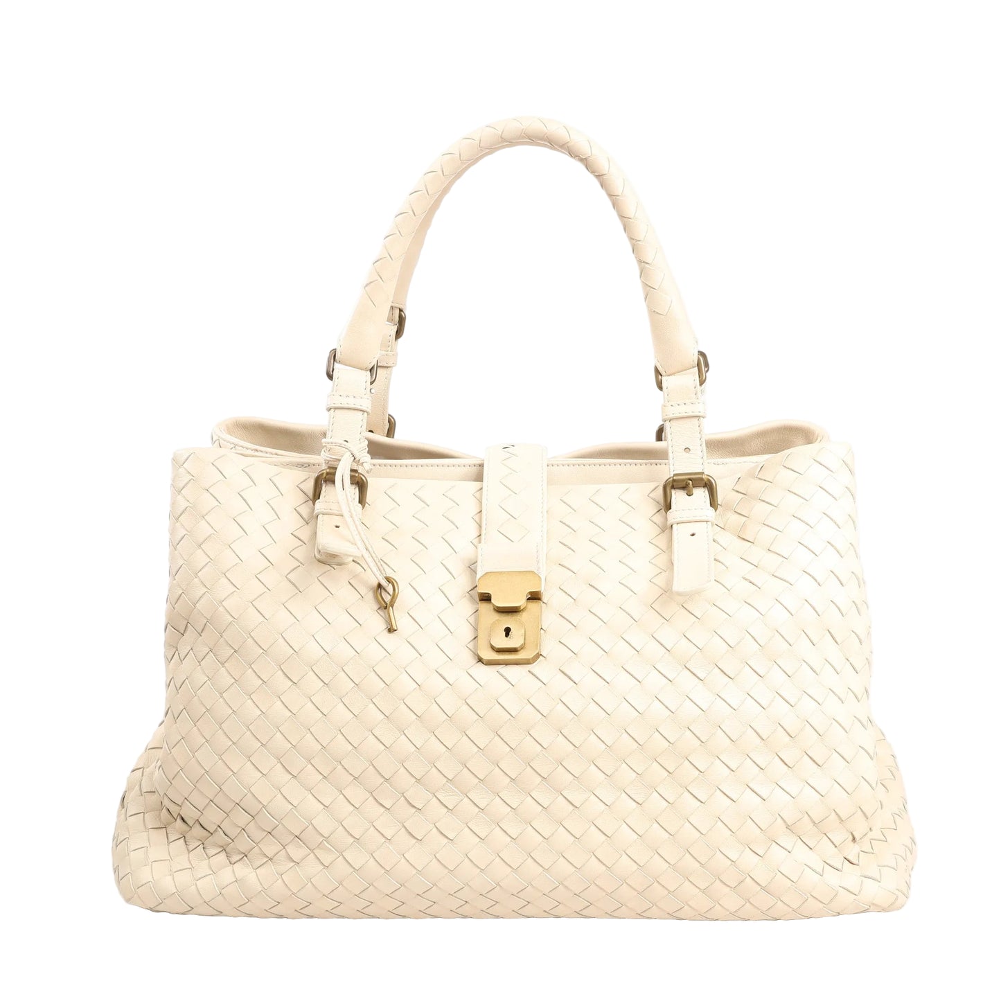 Bottega Veneta Intrecciato Roma handbag in beige leather featuring a woven design, structured silhouette, gold-tone lock closure, and dual rolled handles.