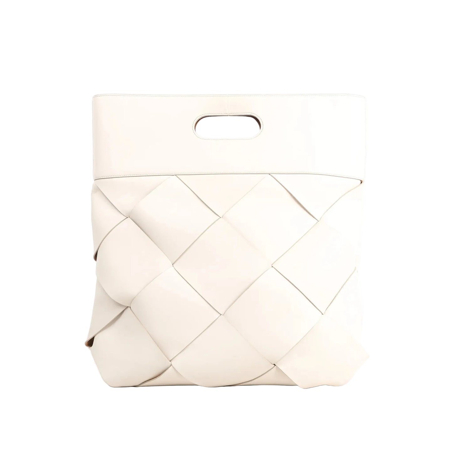 Bottega Veneta Slip Maxi Intrecciato handbag in white leather featuring oversized woven pattern and an integrated cutout top handle.