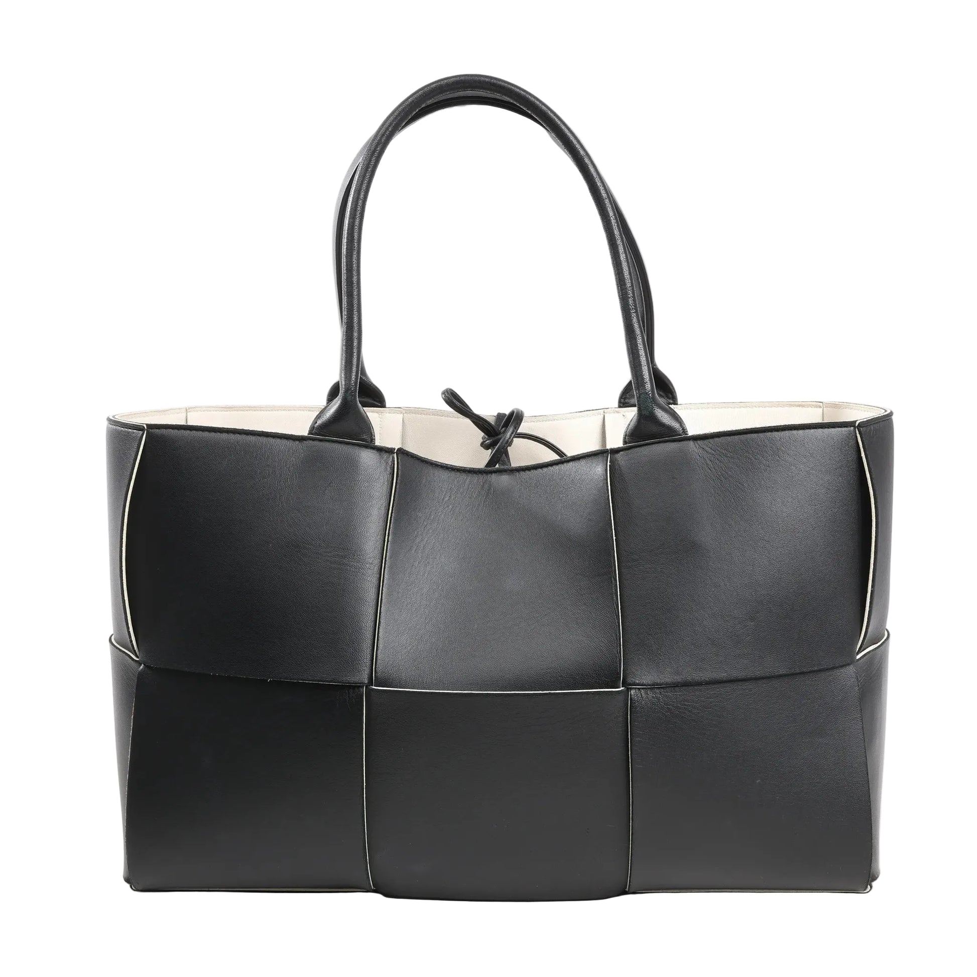 Bottega Veneta The Arco Maxi Intrecciato large black leather handbag featuring oversized woven panel design, top handles, and open top with tie closure.