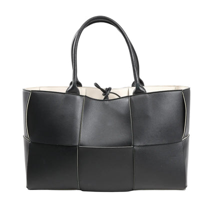 Bottega Veneta The Arco Maxi Intrecciato large black leather handbag featuring oversized woven panel design, top handles, and open top with tie closure.