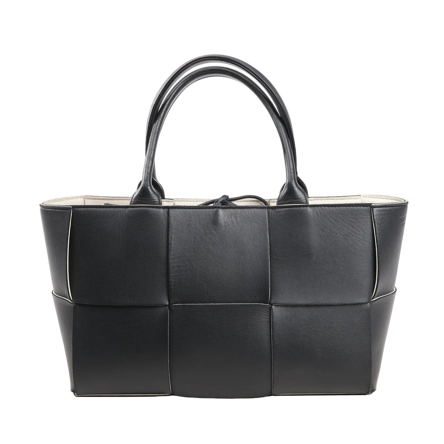 Bottega Veneta The Arco Maxi handbag in black leather with oversized Intrecciato weave, structured silhouette, and double top handles.