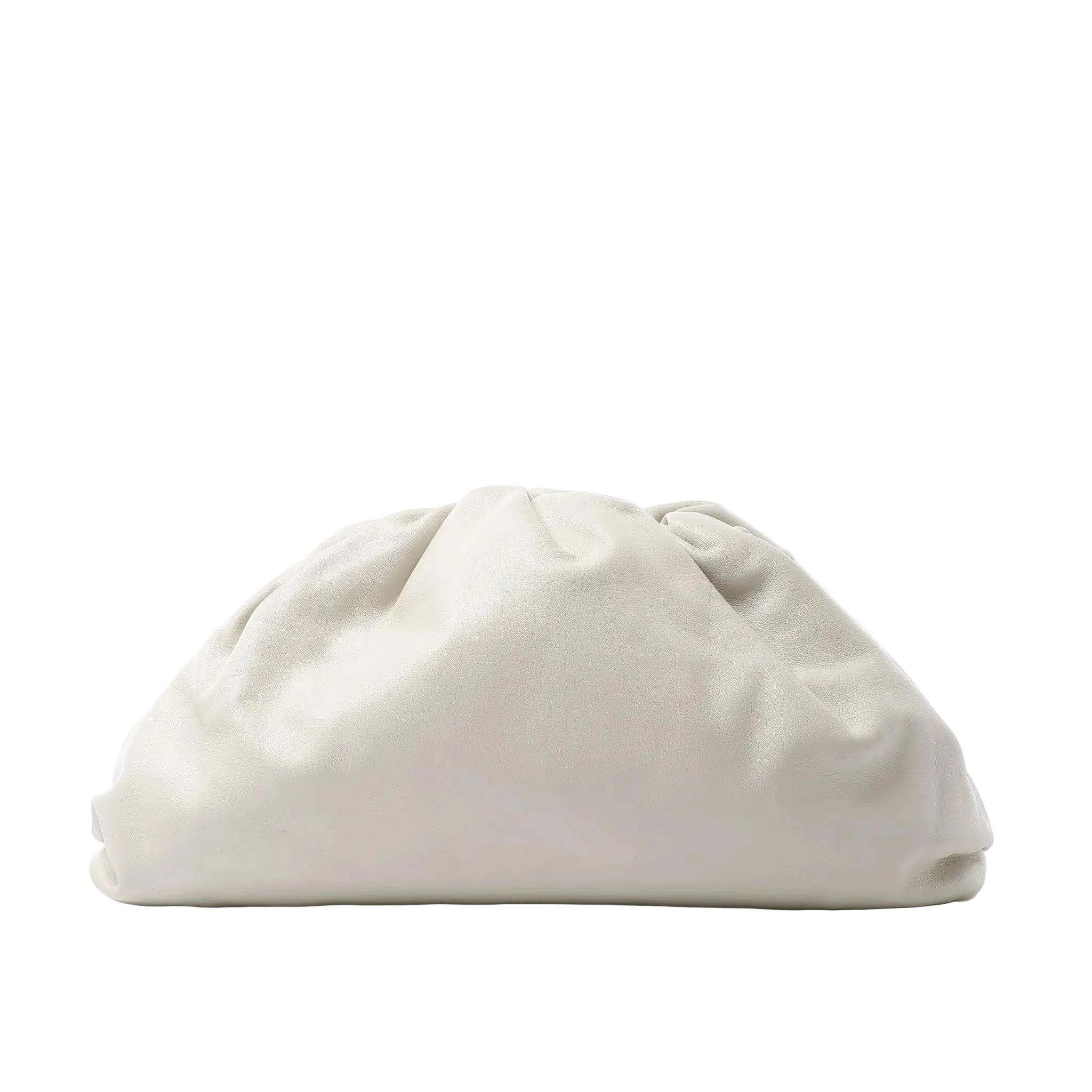 Bottega Veneta The Pouch Oversize clutch in soft beige leather with a voluminous gathered silhouette and concealed top closure.