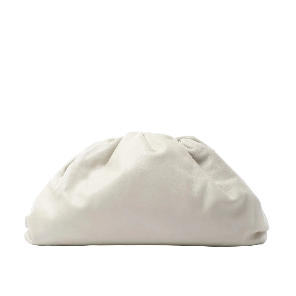 Bottega Veneta The Pouch Oversize clutch in soft beige leather with a voluminous gathered silhouette and concealed top closure.