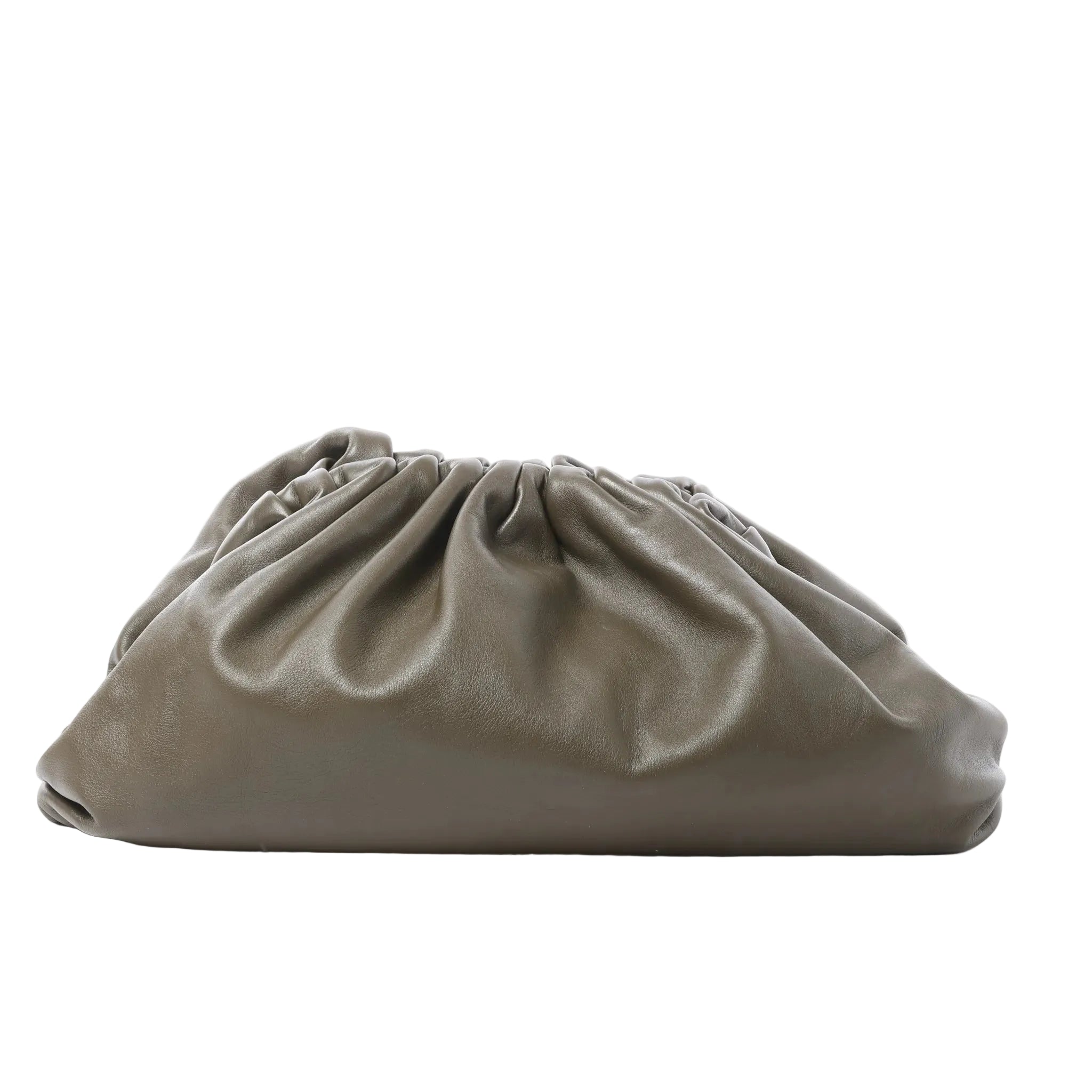 Bottega Veneta The Pouch Oversize green leather clutch with gathered ruched top and soft slouchy silhouette on white background
