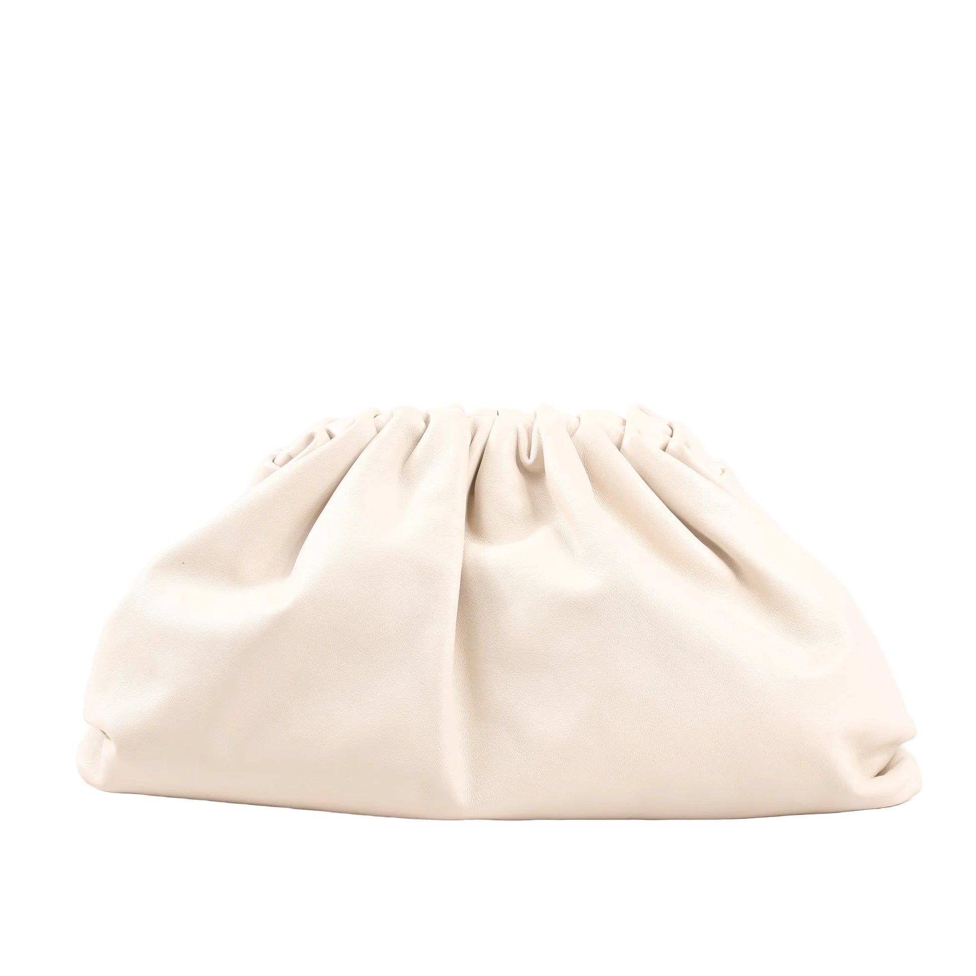 Front view of Bottega Veneta The Pouch oversized clutch bag in beige calfskin leather, featuring a soft, voluminous shape with gathered detailing and a seamless, minimalist design.