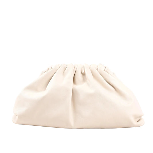 Front view of Bottega Veneta The Pouch oversized clutch bag in beige calfskin leather, featuring a soft, voluminous shape with gathered detailing and a seamless, minimalist design.
