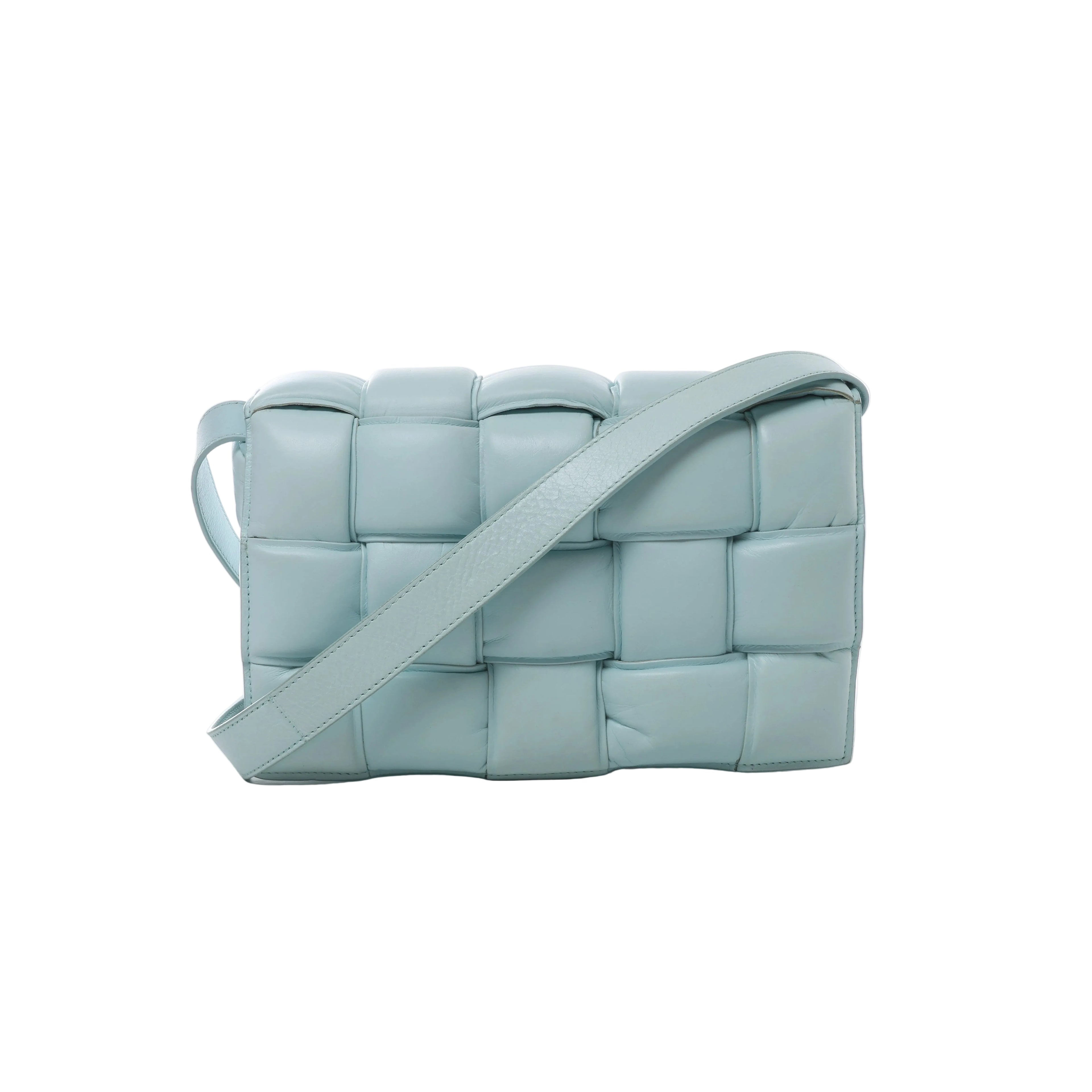 Light blue Bottega Veneta Padded Cassette crossbody bag with oversized padded Intrecciato leather weaving and a wide matching shoulder strap.