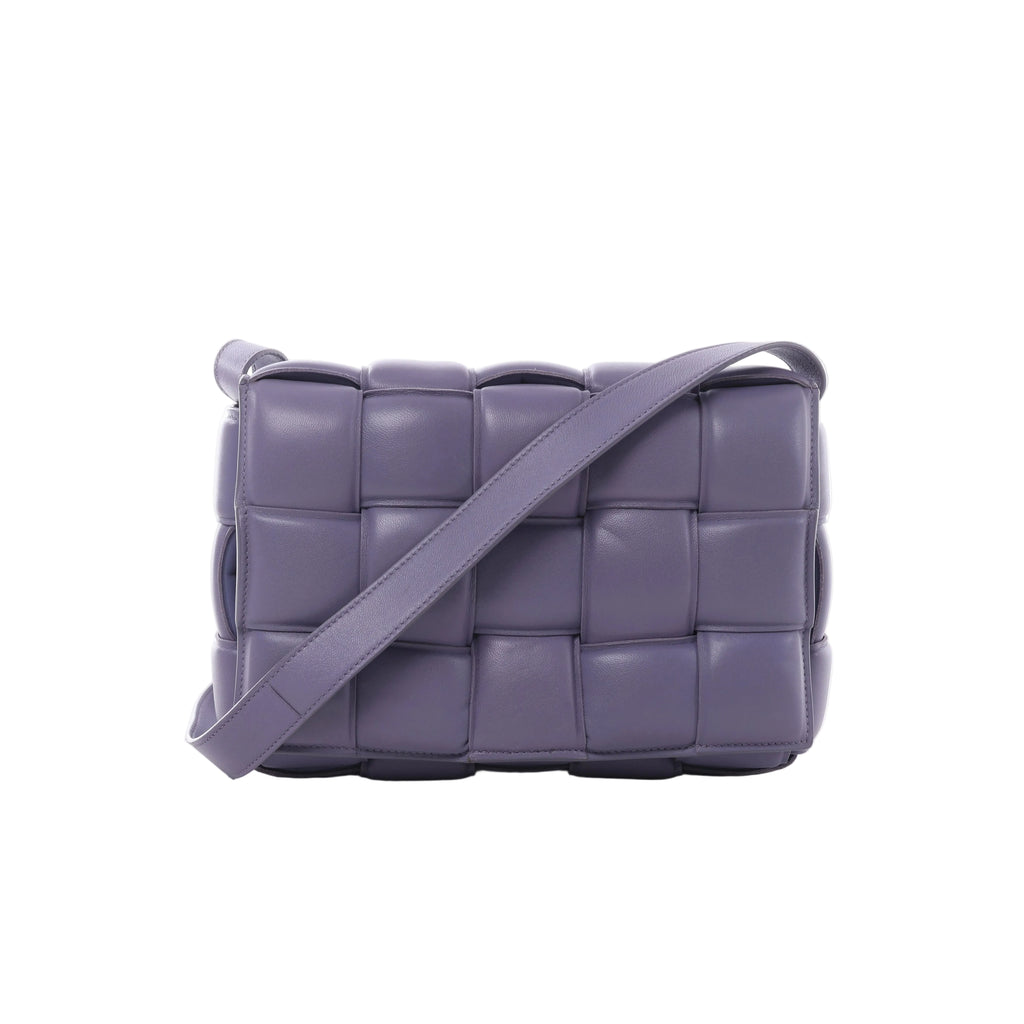 Purple Bottega Veneta Padded Cassette crossbody bag with oversized padded Intrecciato leather weaving and a wide matching shoulder strap.