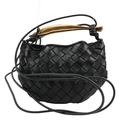 Bottega Veneta Intrecciato Sardines Leather Shoulder Bag in black with a gold-tone handle and adjustable straps, showcasing the woven leather design.