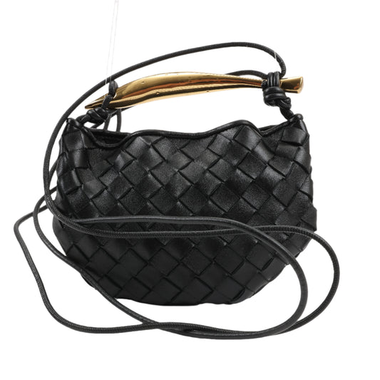 Bottega Veneta Intrecciato Sardines Leather Shoulder Bag in black with a gold-tone handle and adjustable straps, showcasing the woven leather design.