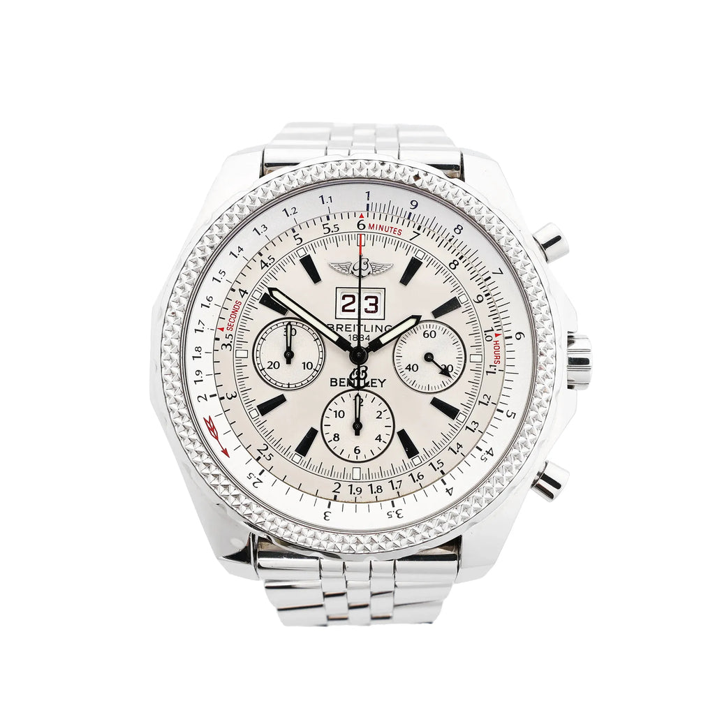 Breitling Bentley stainless steel chronograph watch with beige dial, three subdials, large date window, textured bezel and metal bracelet.