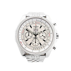 Breitling Bentley stainless steel chronograph watch with beige dial, three subdials, large date window, textured bezel and metal bracelet.