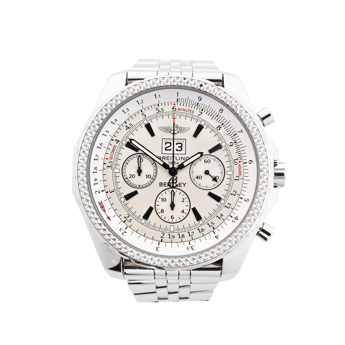 Breitling Bentley stainless steel chronograph watch with beige dial, three subdials, large date window, textured bezel and metal bracelet.