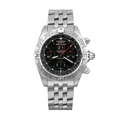 Breitling Chronomat Blackbird A440B71PS watch with black dial, red-accented chronograph subdials, double date window, and stainless steel bracelet, displayed on a white background.