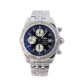 Breitling Chronomat Evolution stainless steel chronograph watch with dark dial, three silver subdials and metal bracelet.