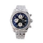 Breitling Chronomat Evolution stainless steel chronograph watch with dark dial, three silver subdials and metal bracelet.