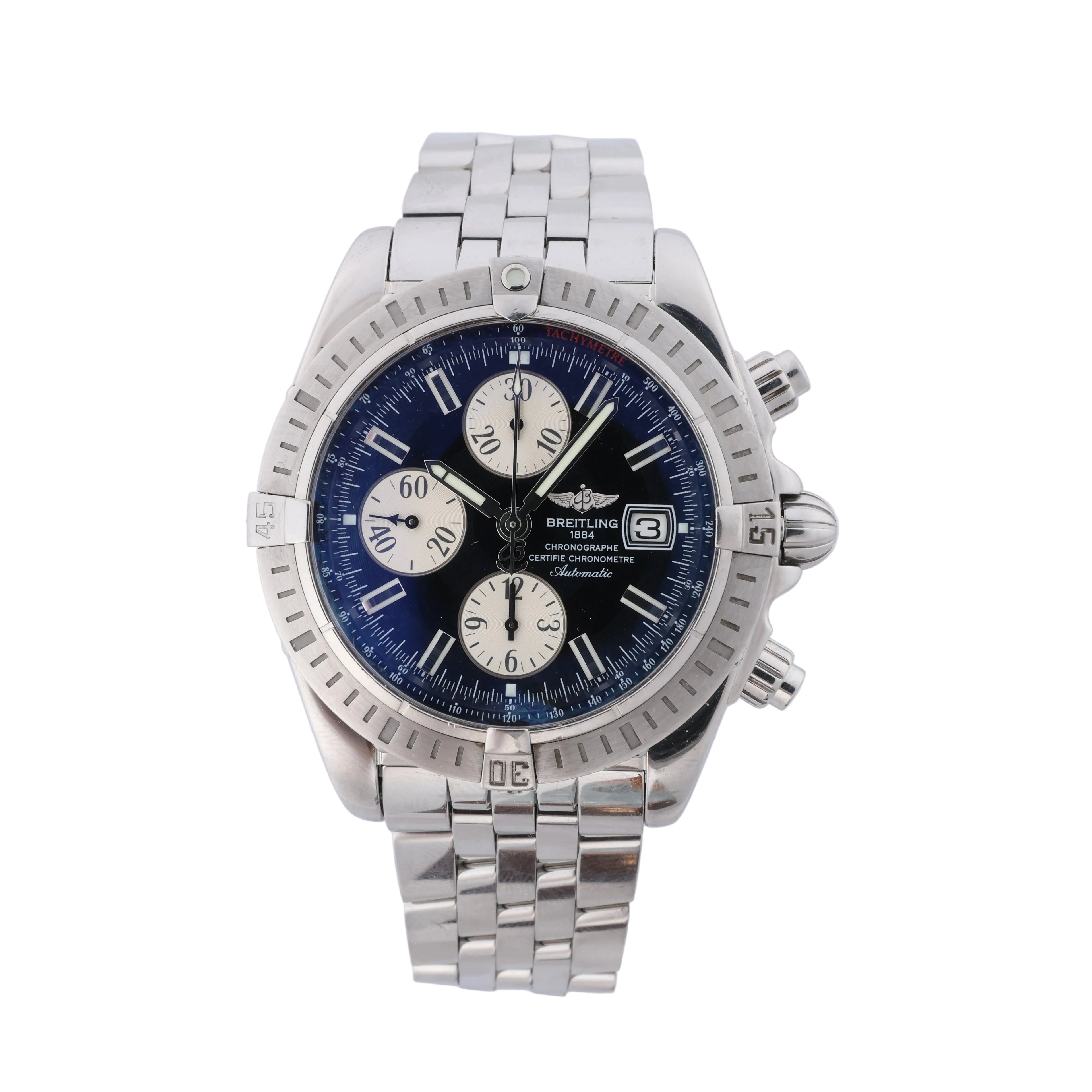 Breitling Chronomat Evolution stainless steel chronograph watch with dark dial, three silver subdials and metal bracelet.