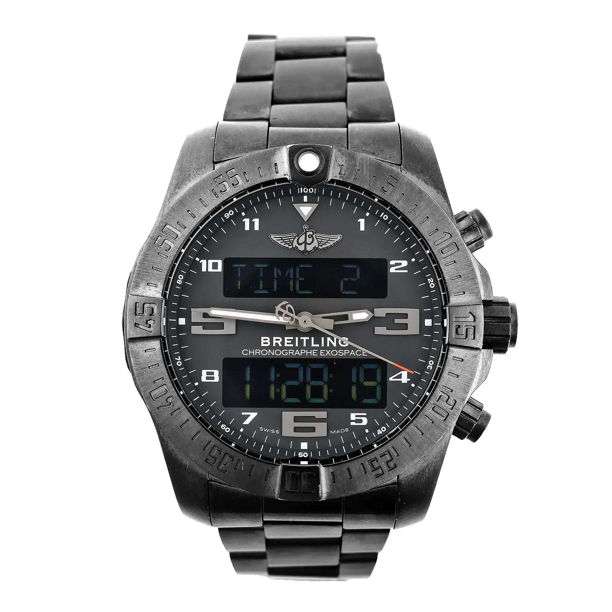 Breitling Exospace VB5510H1/BE45 watch featuring a black titanium case and bracelet, analog hands, dual digital displays, engraved rotating bezel, and multifunction chronograph layout.