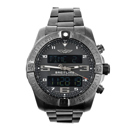 Breitling Exospace VB5510H1/BE45 watch featuring a black titanium case and bracelet, analog hands, dual digital displays, engraved rotating bezel, and multifunction chronograph layout.