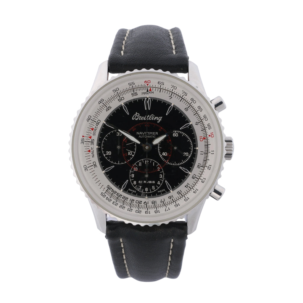 Breitling Montbrillant stainless steel chronograph watch with black dial, silver scale bezel and black leather strap.