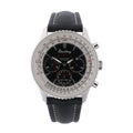 Breitling Montbrillant stainless steel chronograph watch with black dial, silver scale bezel and black leather strap.