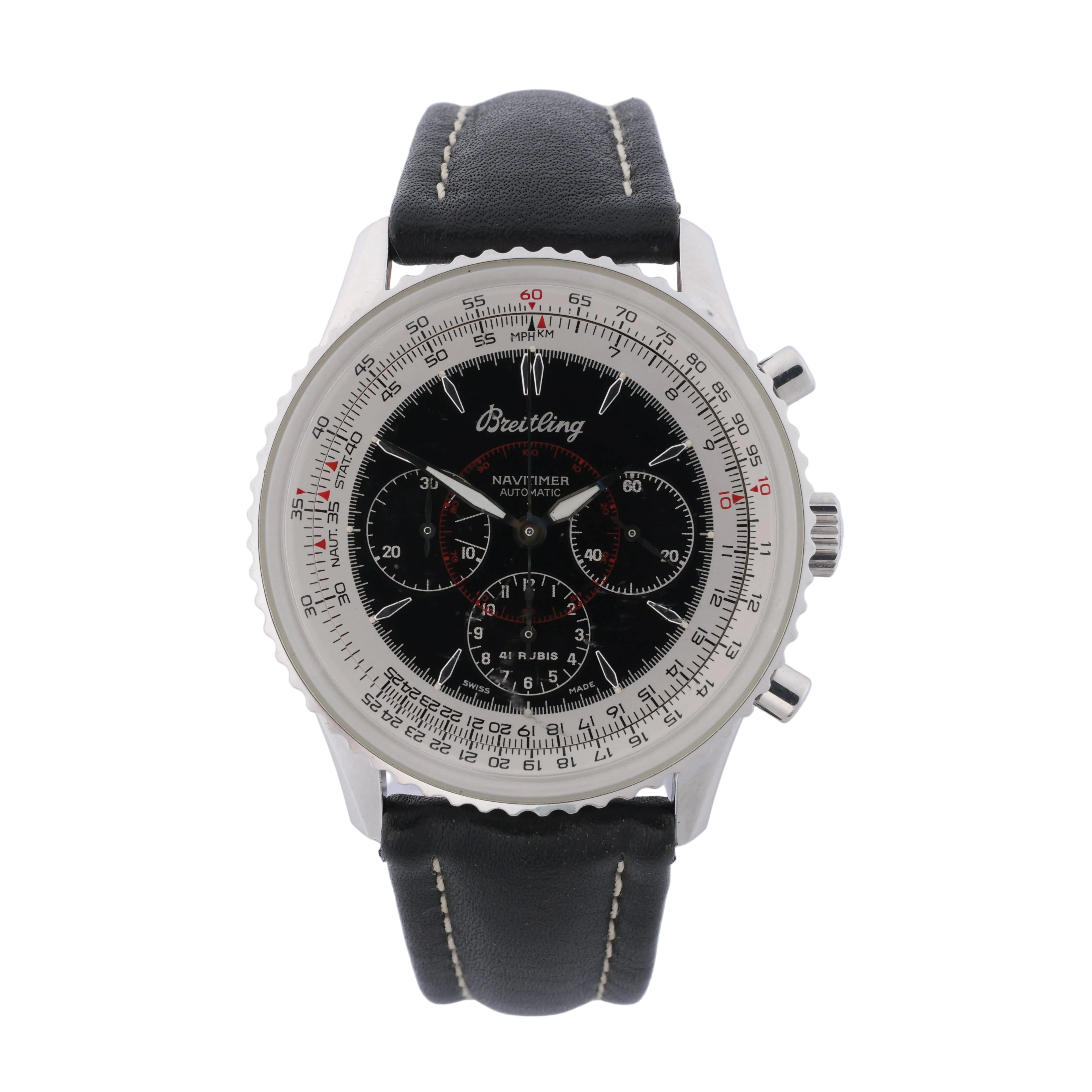 Breitling Montbrillant stainless steel chronograph watch with black dial, silver scale bezel and black leather strap.