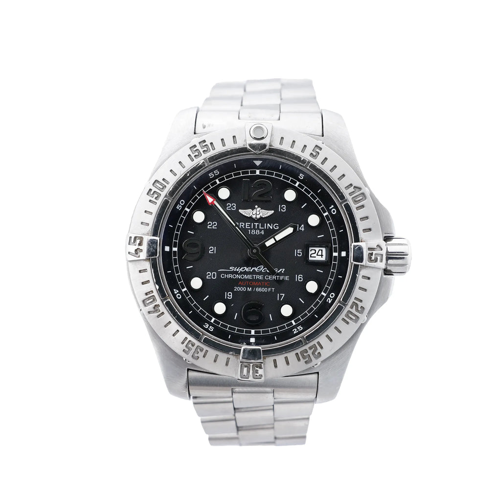 Breitling Superocean A17390 automatic dive watch with black dial, stainless steel unidirectional bezel, date display, luminous hour markers and stainless steel bracelet.
