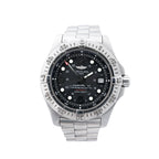 Breitling Superocean A17390 automatic dive watch with black dial, stainless steel unidirectional bezel, date display, luminous hour markers and stainless steel bracelet.