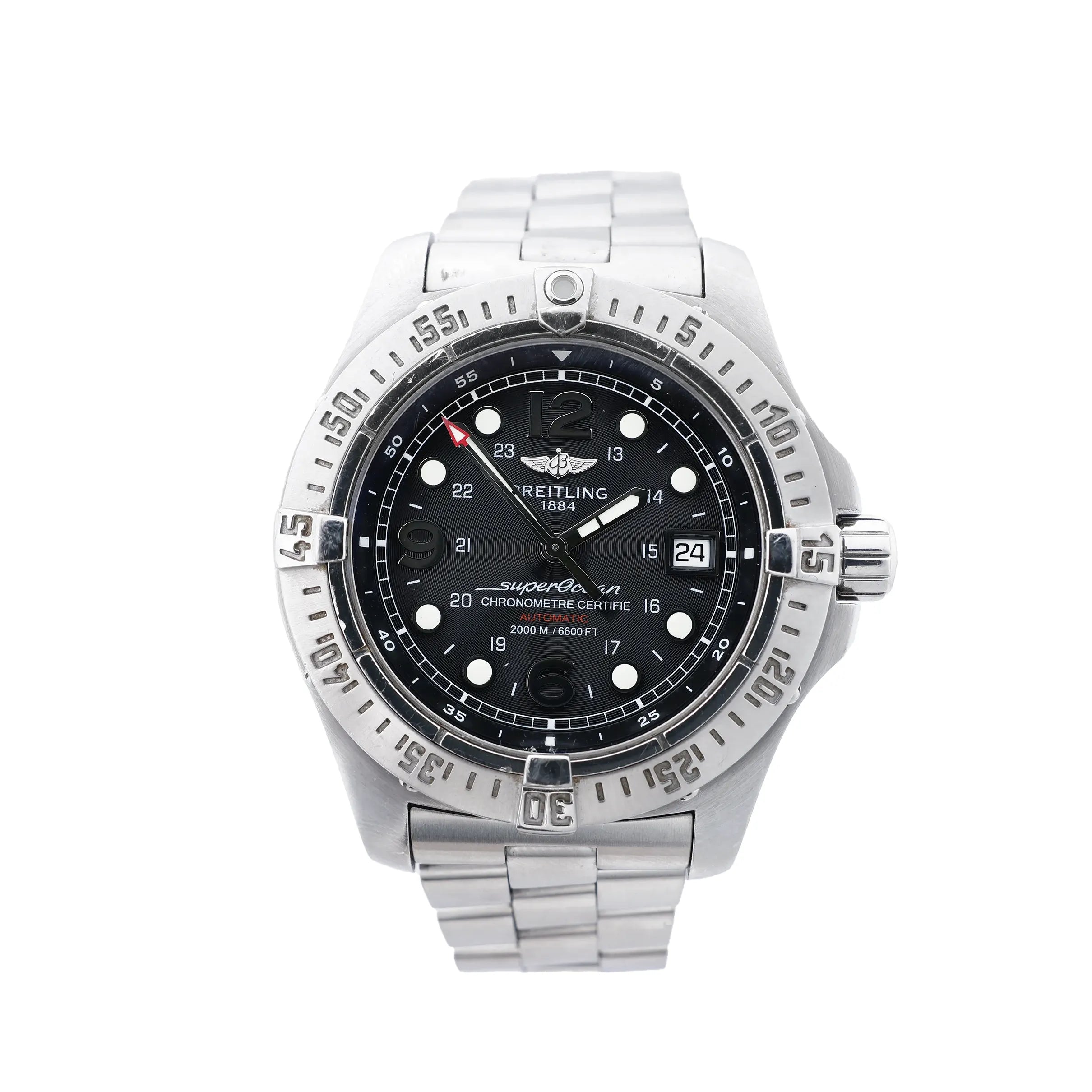 Breitling Superocean A17390 automatic dive watch with black dial, stainless steel unidirectional bezel, date display, luminous hour markers and stainless steel bracelet.