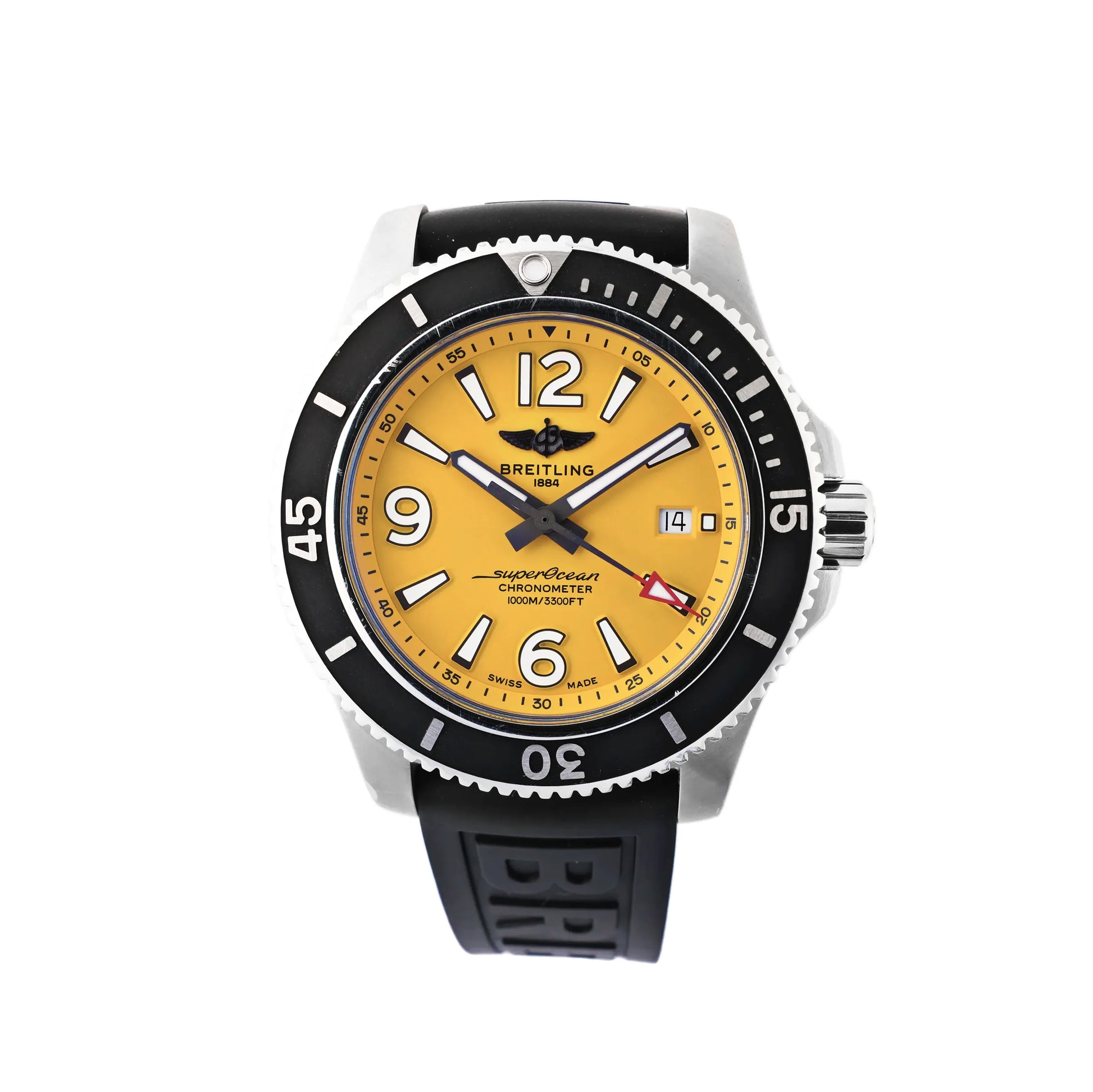 Breitling Superocean A17367 automatic dive watch featuring a vibrant yellow dial, stainless steel case, black unidirectional bezel, black rubber strap, and 1000M water resistance.