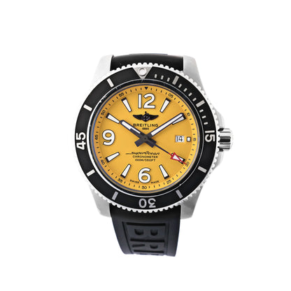 Breitling Superocean A17367 automatic dive watch featuring a vibrant yellow dial, stainless steel case, black unidirectional bezel, black rubber strap, and 1000M water resistance.