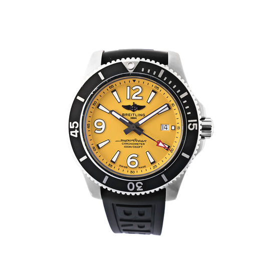 Breitling Superocean A17367 automatic dive watch featuring a vibrant yellow dial, stainless steel case, black unidirectional bezel, black rubber strap, and 1000M water resistance.
