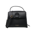 Black Burberry Camberley leather top handle bag with structured flap, shoulder strap, gold-tone buckle hardware and Burberry logo lettering.