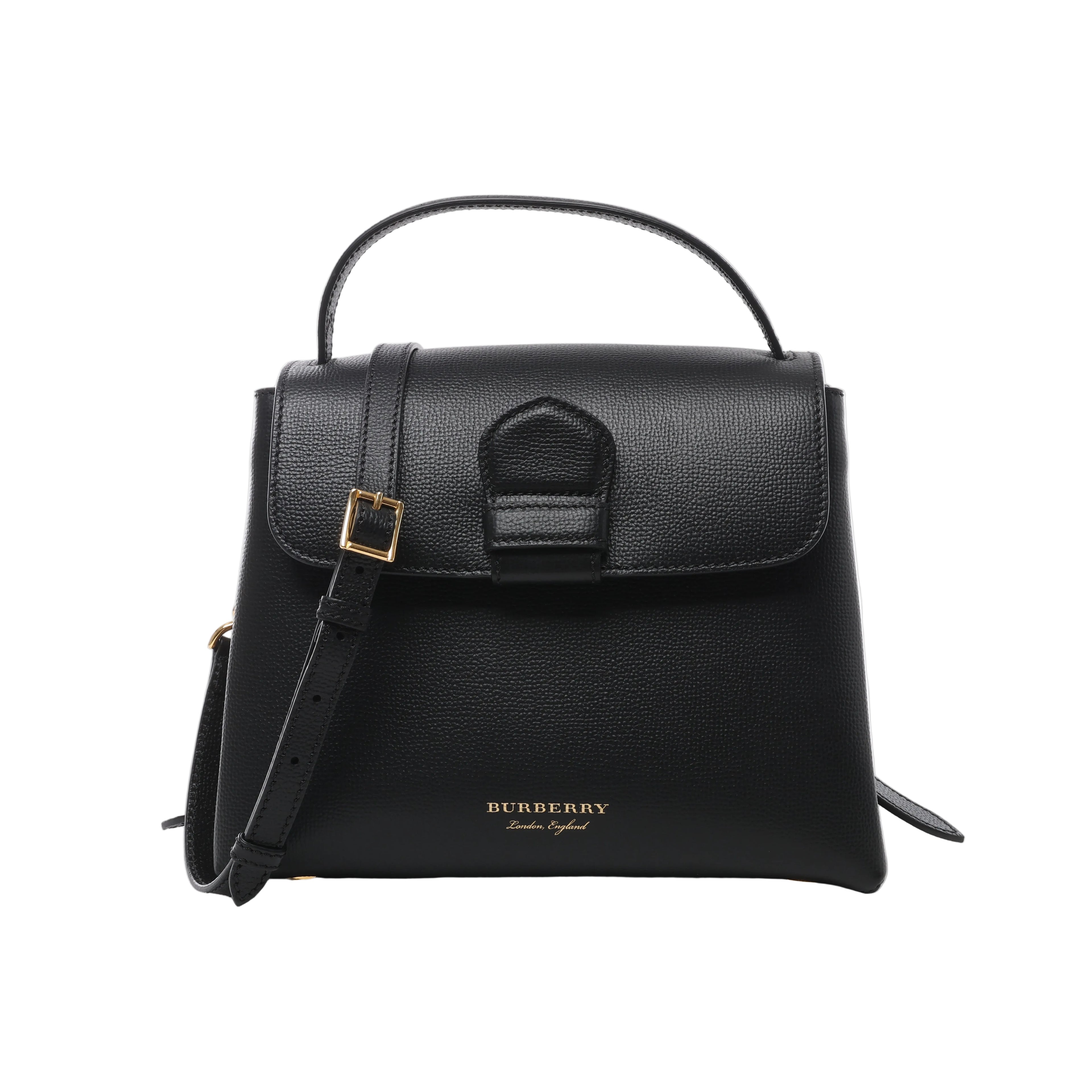 Black Burberry Camberley leather top handle bag with structured flap, shoulder strap, gold-tone buckle hardware and Burberry logo lettering.