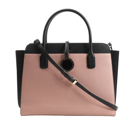 BVLGARI Alba 2Way Handbag in pink and black grained leather, featuring dual top handles, detachable shoulder strap, and a signature round black and gold BVLGARI logo medallion at the center, displayed against a white background.