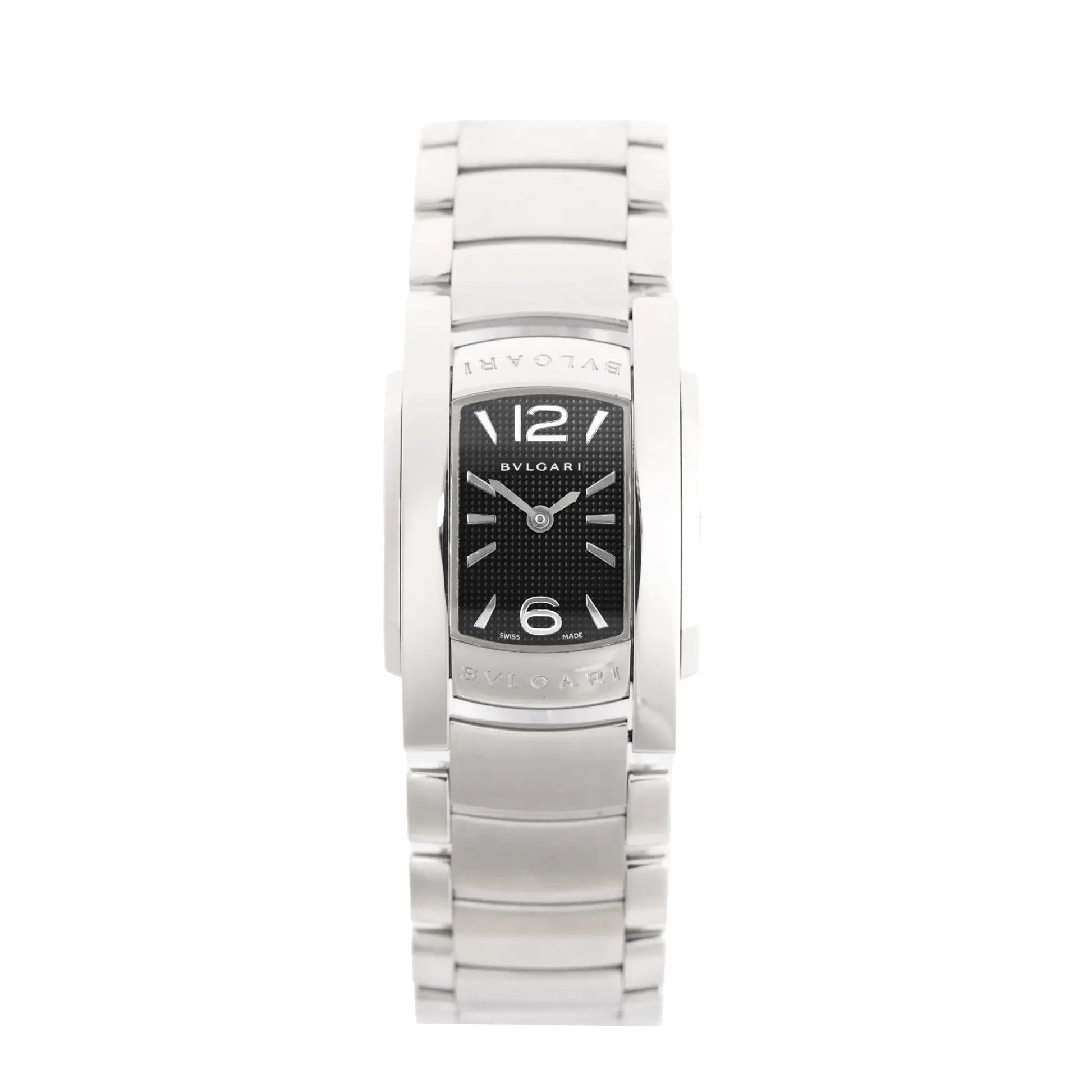 Bvlgari Ashoma AA35S L3036 watch with polished stainless steel bracelet and case, rectangular black dial, and silver-tone hour markers at 6 and 12.