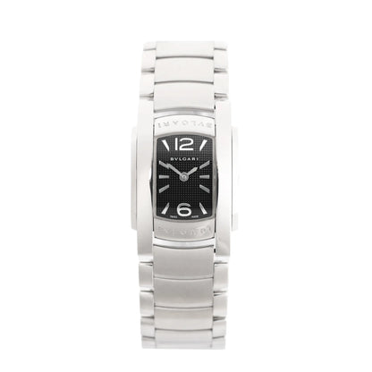 Bvlgari Ashoma AA35S L3036 watch with polished stainless steel bracelet and case, rectangular black dial, and silver-tone hour markers at 6 and 12.