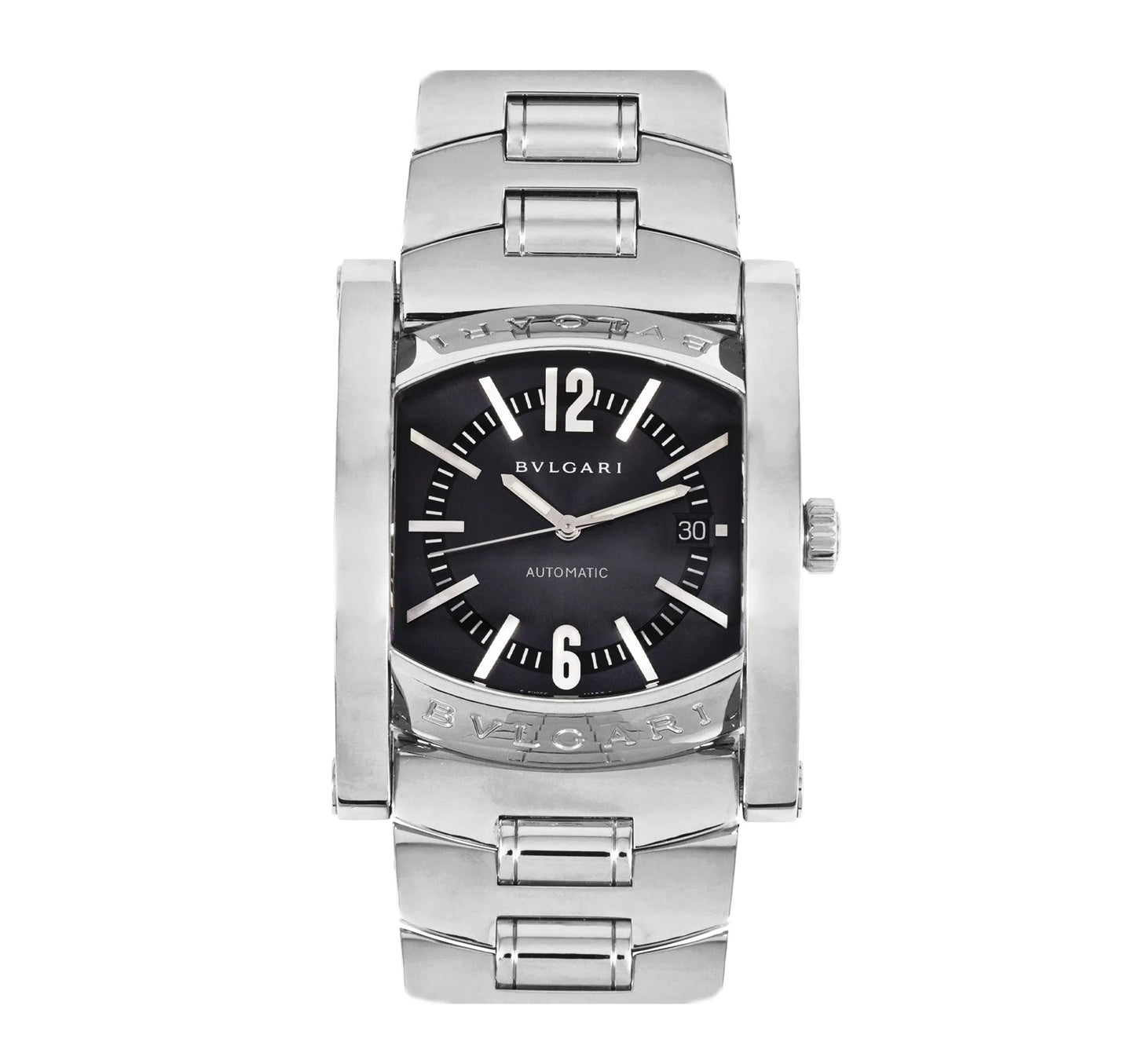 Front view of a Bvlgari Assioma AA48S L4089 watch with a rectangular stainless steel case and bracelet, black dial, silver-tone hands, and date display at 3 o'clock.