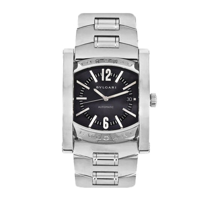 Front view of a Bvlgari Assioma AA48S L4089 watch with a rectangular stainless steel case and bracelet, black dial, silver-tone hands, and date display at 3 o'clock.
